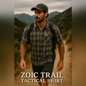 ZOIC Men's XL Plaid Utility Shirt Zip Polo Pocket Active Trail Shirt Gray Black